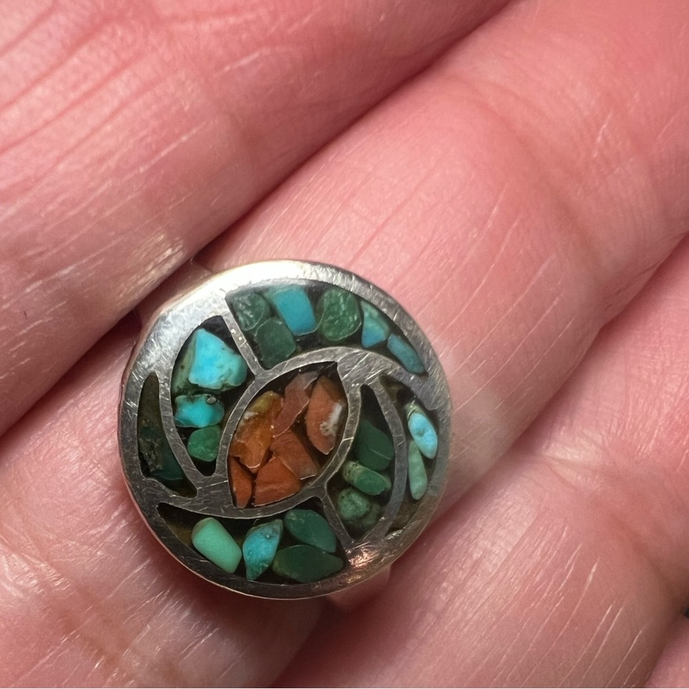 Southwestern .925 Inlay Turquoise n Coral Ring - Picture 7 of 9
